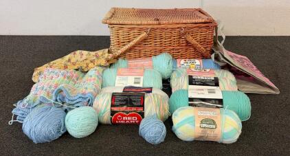(1) Picnic Basket Filled With Various Types Of Yarn