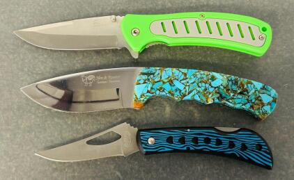 (2) Folding Pocket Knives "Frost Cutlery" and (1) Hunting Knife (7"-8" Overall Lengths)