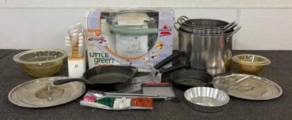 (2) Cast Iron Pans (1) Little Green Proheat Turbo Brush, (3) Stainless Steel Stockpots, And More
