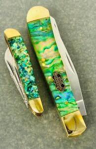 (2) Beautiful Steel Warrior Abalone Handle Pocket Knives