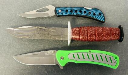 (2) Folding Pocket Knives "Frost Cutlery" and (1) Hunting Knife (7"-9" Overall Lengths)