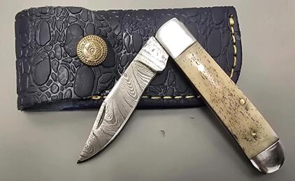 Damascus Steel Folding Pocket Knife W/ Leather Sheath