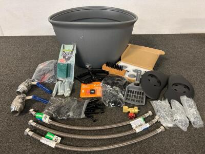 (2) 1" Ball Valves, Faucet Braided Hoses, Hardware, Grey Tub, Scissor Scrubber, Meat Shredders, Micro SDXC Card and More