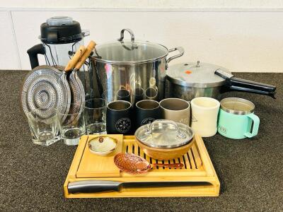 Kitchen Essentials Including: Mugs, Cutting Board, Glass Cups, Denmark Pot and More