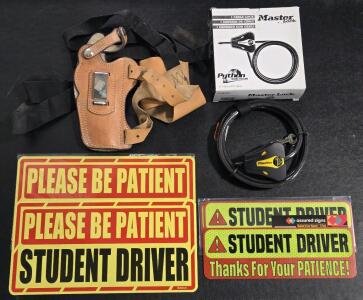 *New* Master Lock Python Cable Lock w/ (2) Keys, Leather Pistol Holster w/ Leg Straps, & (7) Assorted Size Magnetic Student Driver Signs