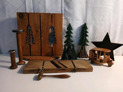 (3) Wooden Tree Decor (1) Hanging Mirror W/ Wood Frame And tree Cutout Doors (1) Vintage Wooden Gavel & More