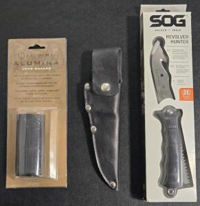 Leupold Alumina Lens Shades, SOG Revolver Hunter Knife & Leather Sheath
