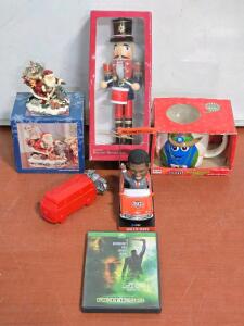 Wooden Nutcracker, Mini Santa Globe, M&M Mug, Volkswagen Avon, Willie Mays Bobblehead & Star Trek Nemesis DVD
