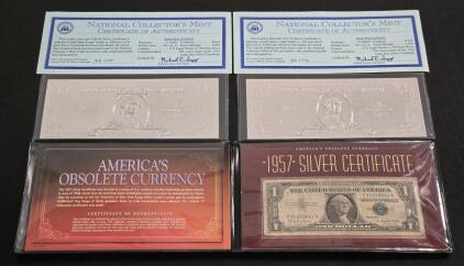 (2) National Collector's Mint 1999 $1 Silver Mint Die-Struck Bills [.999 Fine Silver] & (1) 1957 Silver Certificate