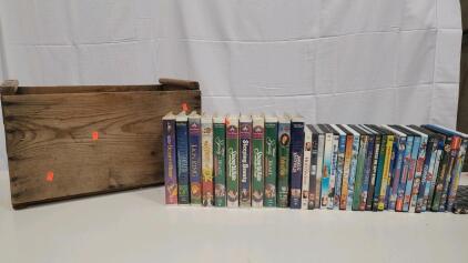 (11) Vintage Disney VHS And (24) DVD With Wooden Crate