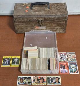 Box of Assorted Vintage 80s/90s MLB/NFL Upper Deck/Donruss/Topps/Fleer Cards &Vintage Sears Craftsman Metal Toolbox