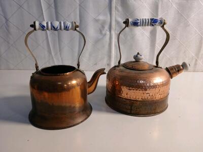 (2) Vintage Copper Kettle Pots W/ White And Blue Ceramic Handle Accents