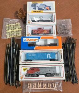 Assorted Bachmann & Roco Model Train Cars & Locomotive & Power Pack w/ Some Tracks & Decor Accessories
