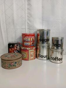 (1) Vintage Barnum's Animal Ceackers Round Tin (4) Flour, Sugar, Coffee Tea Tins (3) Assorted Tins