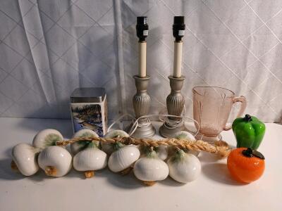 (1) String Of Glass Onions Decor (2) Glass Vegetables (1) Ceramic Square Jar W/ Fish On It & More