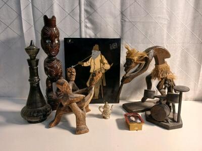 (1) Carved Wooden Maori Tiki Statue (3) Primative Tribal Carved Wooden Statues & More