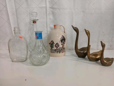 (3) Brass Swan Decor (1) Vintage Ceramic Milk Jug (3) Glass Decanters