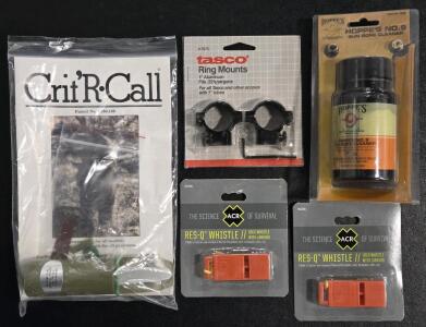 Crit'R-Call, Tasco 1" Aluminum Ring Mounts, Hoppe's No.9 Gun Bore Cleaner & (2) Res-Q Whistles