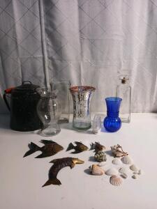 (1) Cast Iron Tea Kettle Pot (5) Assorted Glass Vases (4) Metal Decorative Fish & More