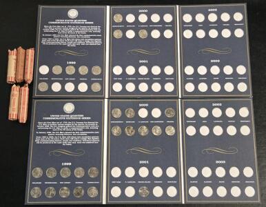 (2) Partially Filled US Commemorative Statehood Quarter Collector's Albums & (5) Rolls Assorted 1930-1950s Wheat Pennies