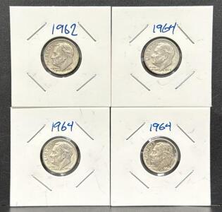 (4) 1962 & 1964 U.S. Roosevelt Dimes, 90% Silver, 90% Copper