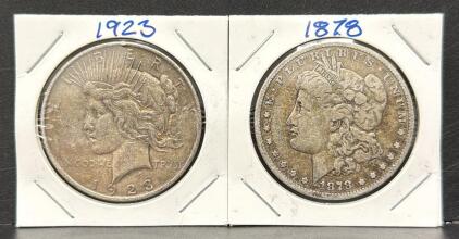 1878 Morgan Silver Dollar & 1923 Peace Silver Dollar, United States Mint