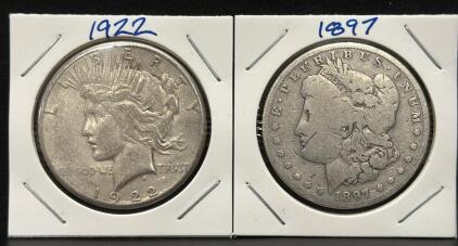 1897 Morgan & 1922 Peace Silver Dollars, 90% Silver, 1.5 inches Diameter