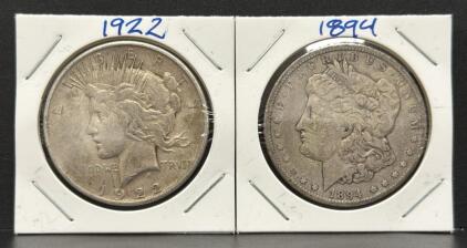 1922 Peace Dollar & 1894 Morgan Dollar Silver Coins, US Mint