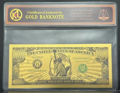 Gold Banknote 99.9% Pure 24k Carat, One Million Dollars, Serial 1000000MUSA