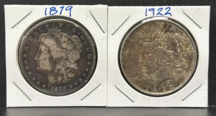 1922 Peace and 1879 Morgan Silver Dollars, U.S. Silver Coins