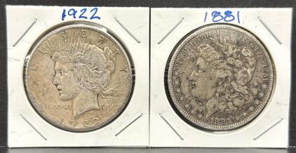 1922 Peace Dollar & 1881 Morgan Dollar, 90% Silver, US Coins