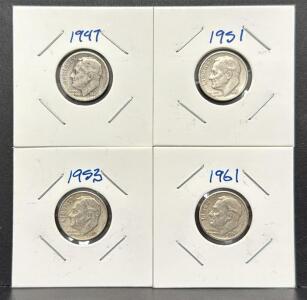 1947, 1951, 1953, 1961 Roosevelt Dimes, U.S. Mint, Silver Composition