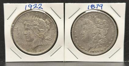 1922 Peace Dollar & 1879 Morgan Dollar, U.S. Silver Coins