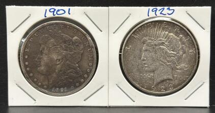 1923 Peace Dollar & 1901 Morgan Dollar, U.S. Coins, Silver, 90% Silver Content
