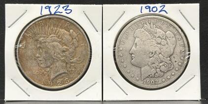1923 Peace Dollar & 1902 Morgan Dollar, United States Mint, 90% Silver