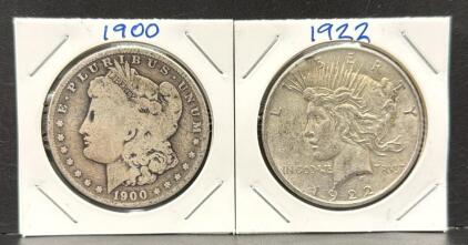 1922 Peace Dollar & 1900 Morgan Dollar, U.S. Mint, 90% Silver