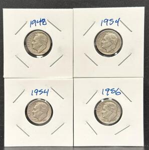 (4) United States 90% Silver Roosevelt Dimes Dated, 1948-1956 Set