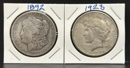 1892 Morgan Dollar & 1923 Peace Dollar, Silver Coins