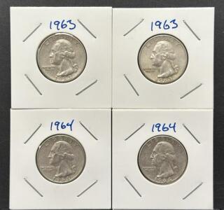 (4) 1963 & 1964 Washington Quarters, U.S. Mint, 90% Silver, No Mint Mark