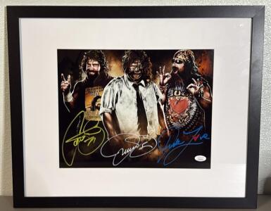 Mick Foley " Thrice Signed" Personas Autographed 11" x 14" Framed Photo, JSA Certified, Serial WB103993