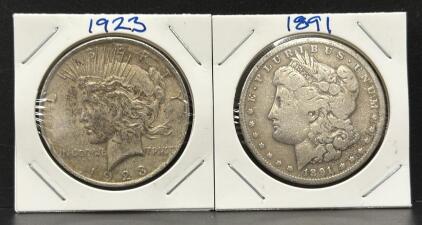 1891 Morgan Dollar & 1923 Peace Dollar, U.S. Coins, 90% Silver
