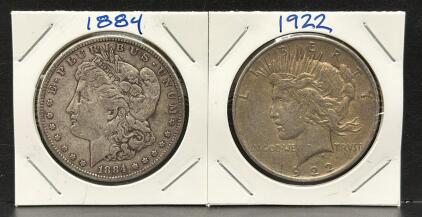 1884 Morgan Dollar & 1922 Peace Dollar, U.S. Silver Coins