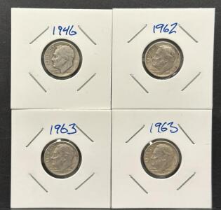 (4) Roosevelt Dimes Dated 1946, 1962, 1963, 90% Silver, U.S. Mint