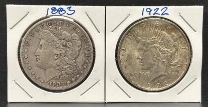 1883 Morgan Dollar & 1922 Peace Dollar - US Silver Coins