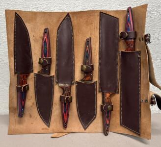 Damascus Steel Knife Set, Custom Handles, Leather Sheath, 6 Pieces