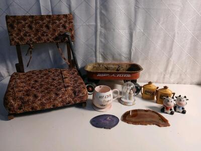 (1) Vibtage Stadium Seat (1) Vintage Radio Flyer Toy Wagon (4) Collectable Salt And Pepper Shakers & More