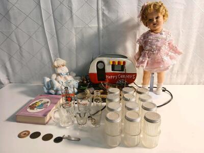 (1) Vintage Shirley Temple Doll (12) Vintage Glass Spice Jars (1) Happy Camper Light Decor & More