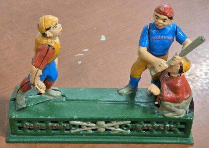 Vintage Hometown Battery Cast Iron Mechanical Coin Bank - 9"L x 2&frac12;"D x 7"H