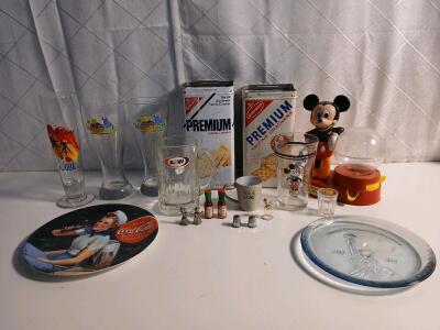 (2) Vintage Premium Saltine Crackers Tins (1) Vintage Mickey Mouse Gum Ball Toy (2) Jimmy Buffett's Margaritaville Las Vegas Glasses & More
