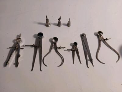 (1) Vintage Lietz Drafting Compass (1) Vintage Brown & Sharpe No. 801 Outside Spring Caliper Precision Tool (3) Collectable Thimble/ Bell & More